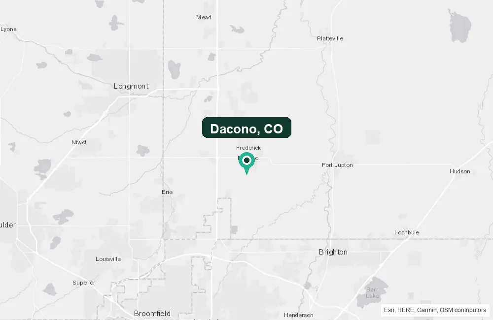 Map of Dacono, Colorado and the surrounding Weld County area service area